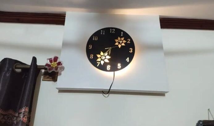 flower wooden clock with LED light black gold 12