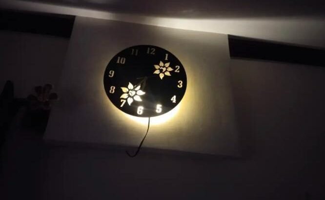 flower wooden clock with LED light black gold 12