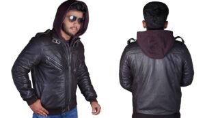 Genuine Light Brown Leather Jacket for Men | Biker with Removable Hood