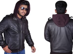 Genuine Light Brown Leather Jacket for Men | Biker with Removable Hood