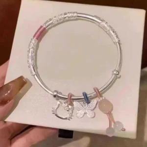 Floral Bracelet for Women Popular Kitty Cat Butterfly Open Silver Bracelet