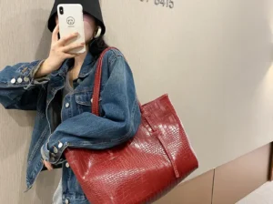 Women’s Red Crocodile Textured Tote Bag