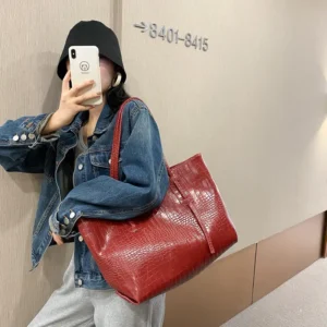 Women’s Red Crocodile Textured Tote Bag