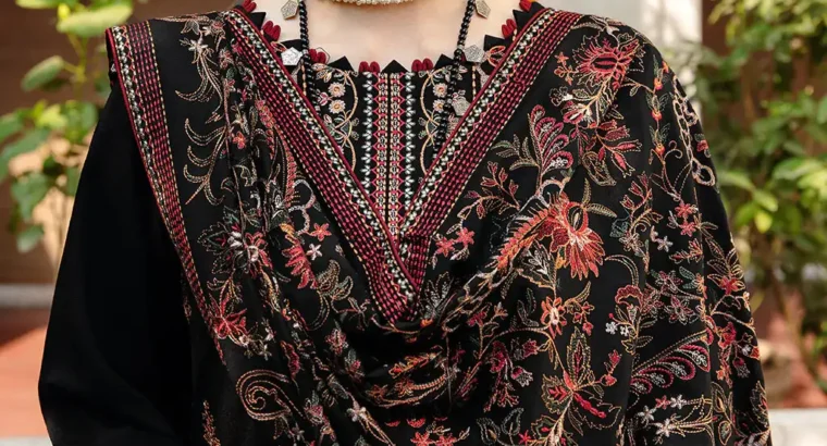 Beautiful and elegant 3-piece unstitched embroidered suit for women. Perfec