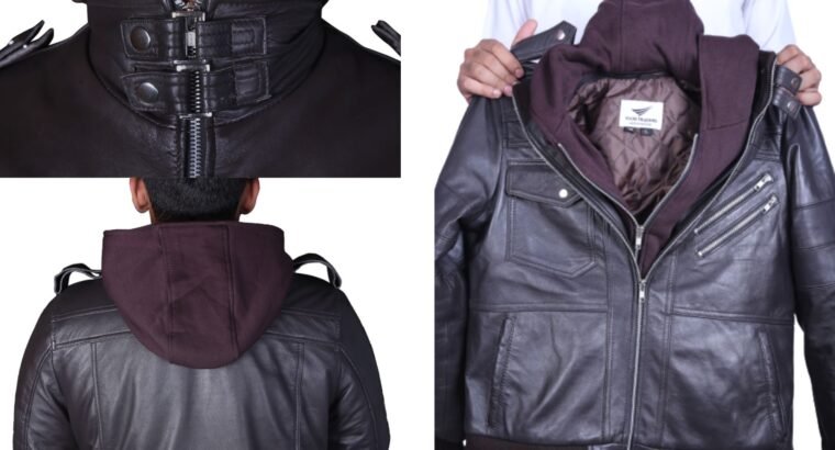 Genuine Light Brown Leather Jacket for Men | Biker with Removable Hood