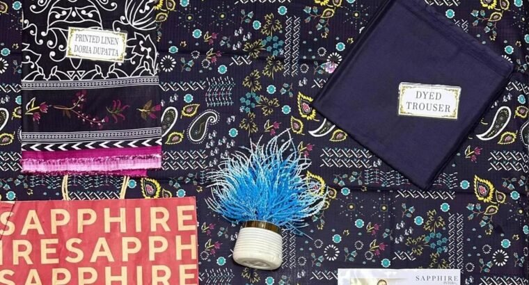 Sapphire 3 Piece Navy Blue Printed Linen Suit – Fancy Shirt with Doria