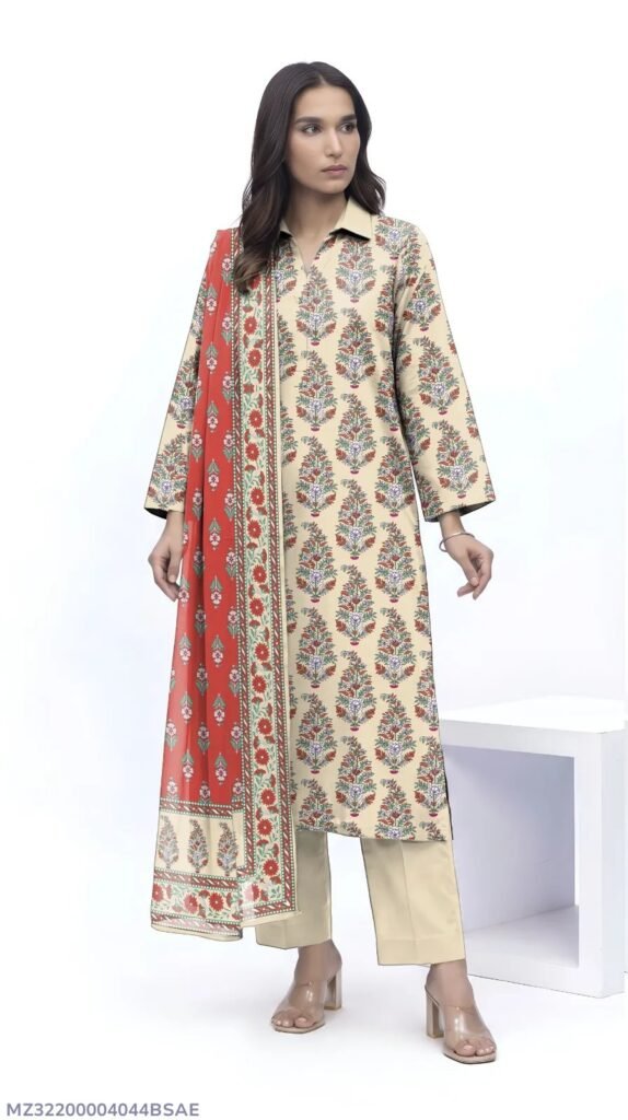 Khaadi Cream Printed Doria Lawn 3PC With Red Voil Dupatta - photo 2