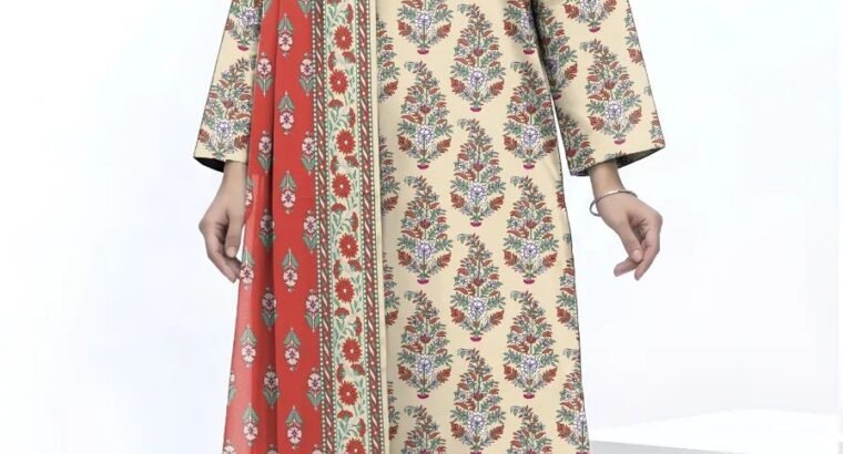 Khaadi Cream Printed Doria Lawn 3PC With Red Voil Dupatta