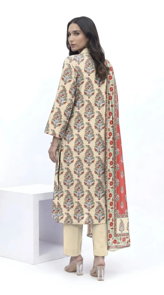 Khaadi Cream Printed Doria Lawn 3PC With Red Voil Dupatta - photo 3