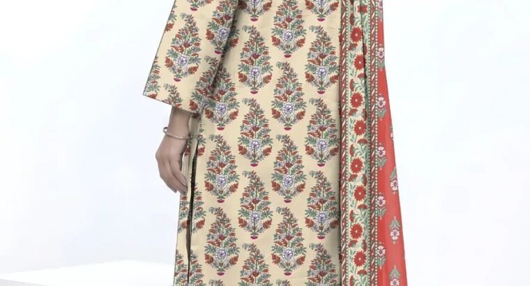 Khaadi Cream Printed Doria Lawn 3PC With Red Voil Dupatta