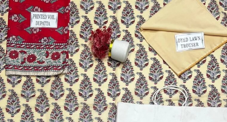 Khaadi Cream Printed Doria Lawn 3PC With Red Voil Dupatta