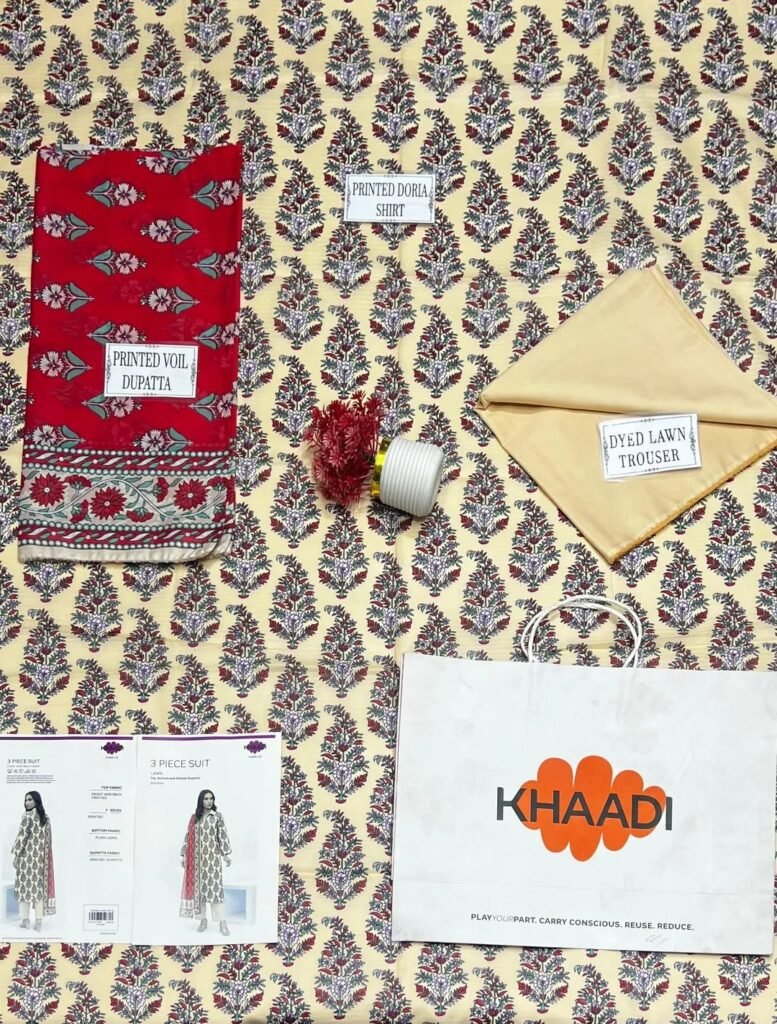 Khaadi Cream Printed Doria Lawn 3PC With Red Voil Dupatta - photo 1