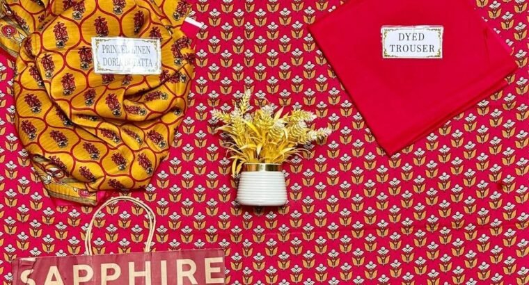 Sapphire Red & Mustard Printed Linen 3PC...