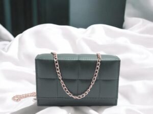 Green Quilted Crossbody Bag for Girls With Silver Chain Strip