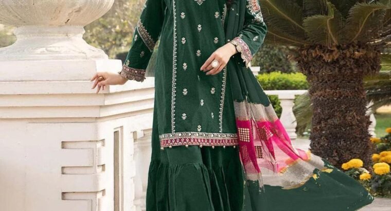 Maria B 3pc Lawn Suit Green – Neck Front Sleeves Daman Embroidered