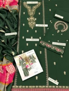 Maria B 3pc Lawn Suit Green – Neck Front Sleeves Daman Embroidered