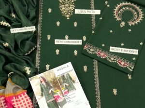 Maria B 3pc Lawn Suit Green – Neck Front Sleeves Daman Embroidered