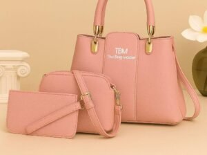 Pink 3-pc Hand bag Set With Gold Hardware