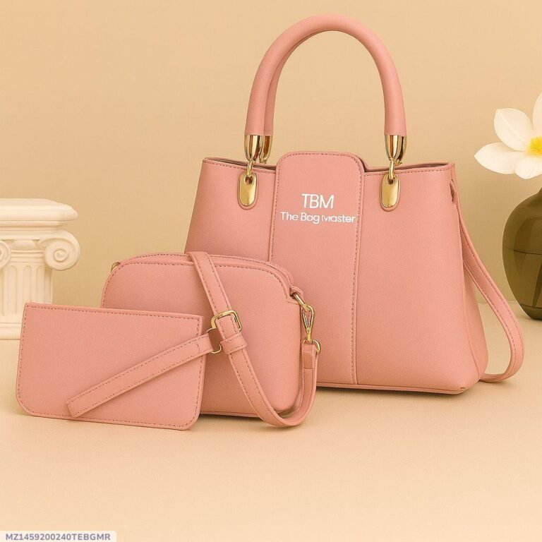 Pink 3-pc Hand bag Set With Gold Hardware