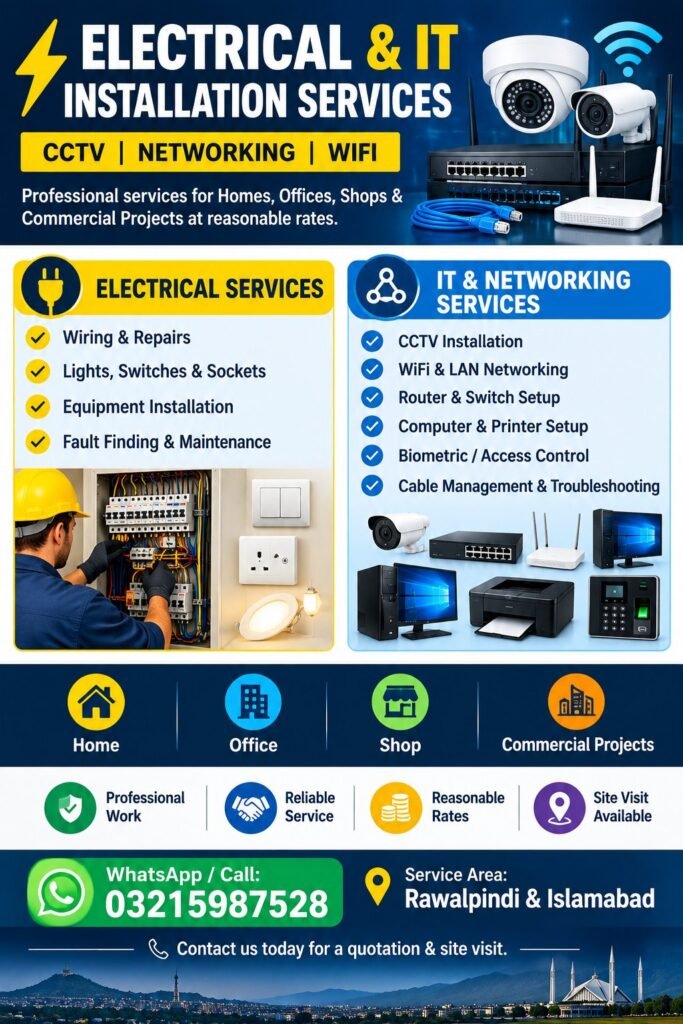 Electrical and IT Installation Services - Home & Office Repairs in Faizabad, Rawalpindi