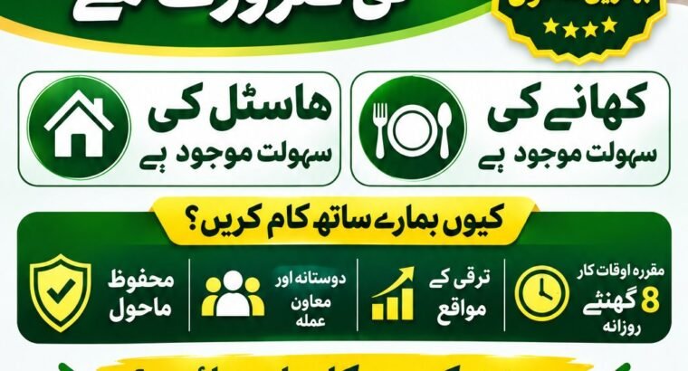 Male Office Workers Required in Islamabad | Hostel & Meals Available