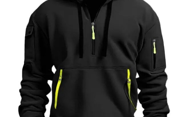 Mens Black Winter Hoodie Zip Pockets