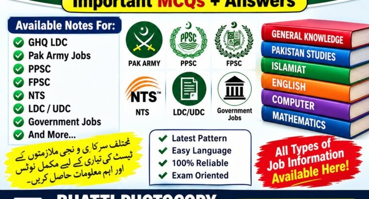 All Jobs Preparation Notes – GHQ LDC, Pak Army, PPSC, FPSC, NTS and More