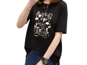 Black Printed Korean T-Shirt for Women