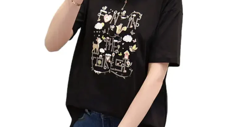 Black Printed Korean T-Shirt for Women