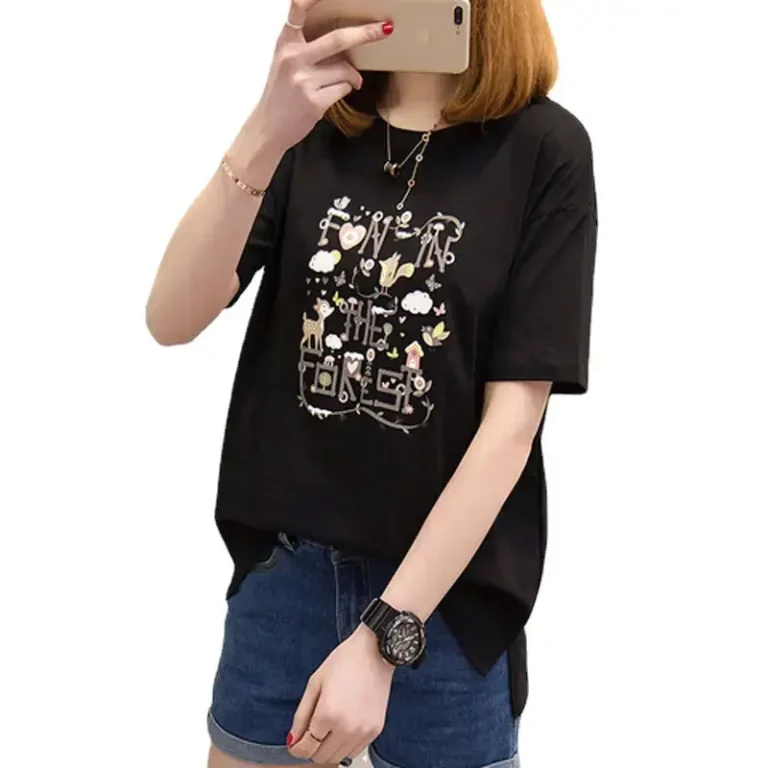 Black Printed Korean T-Shirt for Women