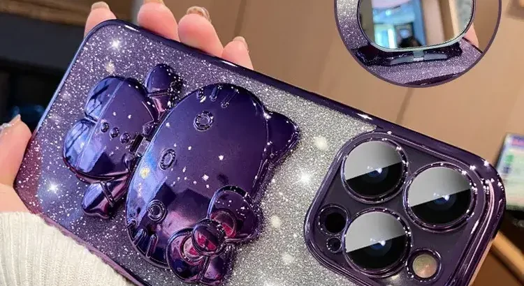 Gradient Glitter IPhone Case with Makeup Mirror Design