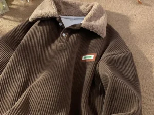 Men’s Velvet Polo Sweatshirt Brown Winter Warm