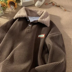 Men’s Velvet Polo Sweatshirt Brown Winter Warm