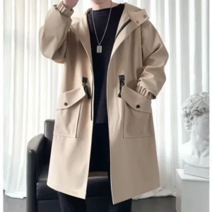 Men’s Korean Style Windbreaker Jacket Olive Green Mid-Lenght