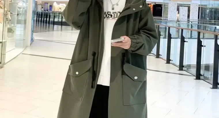 Men’s Korean Style Windbreaker Jacket Olive Green Mid-Lenght