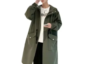 Men’s Korean Style Windbreaker Jacket Olive Green Mid-Lenght