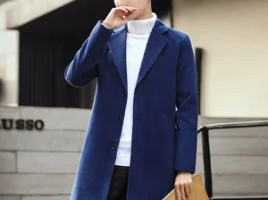 Men’s Woolen Coat Navy Blue Slim Fit Mid Length