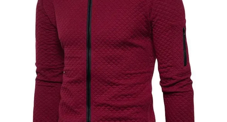 Men’s Maroon Zipper Casual Jacket Collar Solid Color