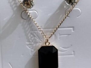 Black Stone Pendant Set with Gold Chain & Earrings