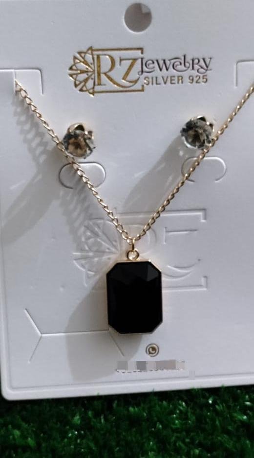 Black Stone Pendant Set with Gold Chain & Earrings - photo 1