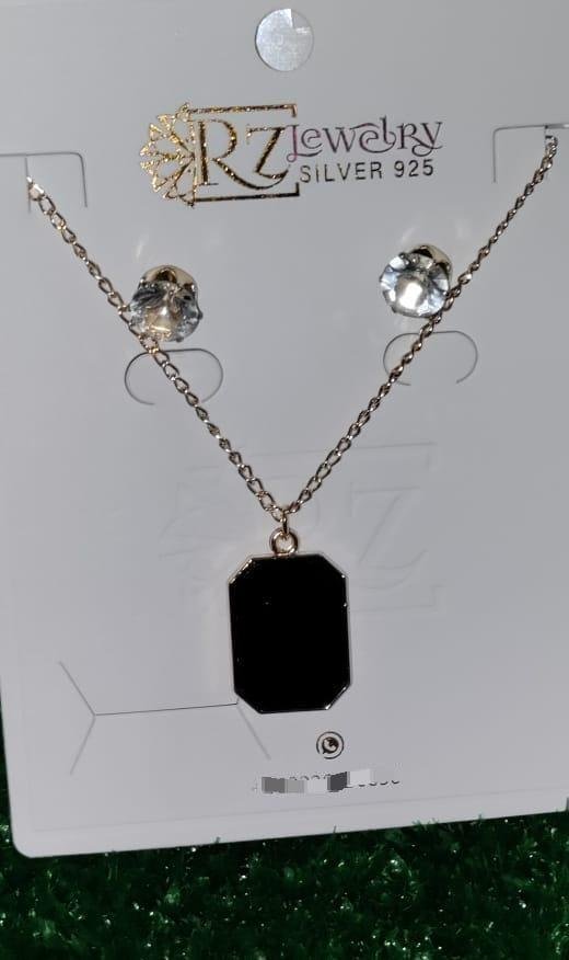 Black Stone Pendant Set with Gold Chain & Earrings - photo 2