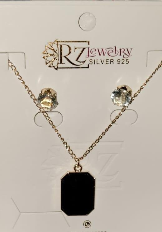 Black Stone Pendant Set with Gold Chain & Earrings - photo 3