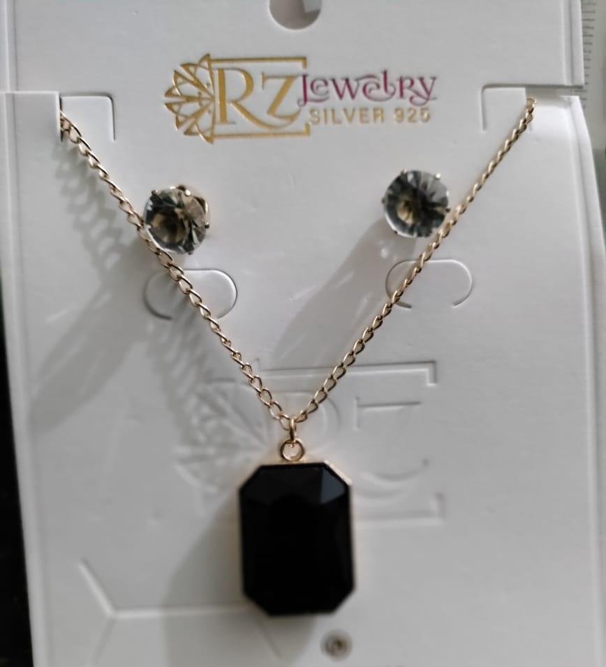 Black Stone Pendant Set with Gold Chain & Earrings - photo 4