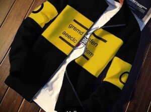 Winter Collection 2026 Men’s Fleece Zipper Jacket Black Yellow Printed Hood