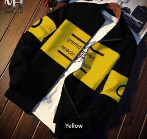 Winter Collection 2026 Menβs Fleece Zipper Jacket Black Yellow Printed Hood