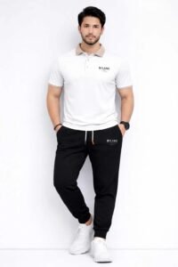 Men’s Printed Tracksuit Set – White & Black Milano Polyester