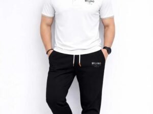 Men’s Printed Tracksuit Set – White & Black Milano Polyester