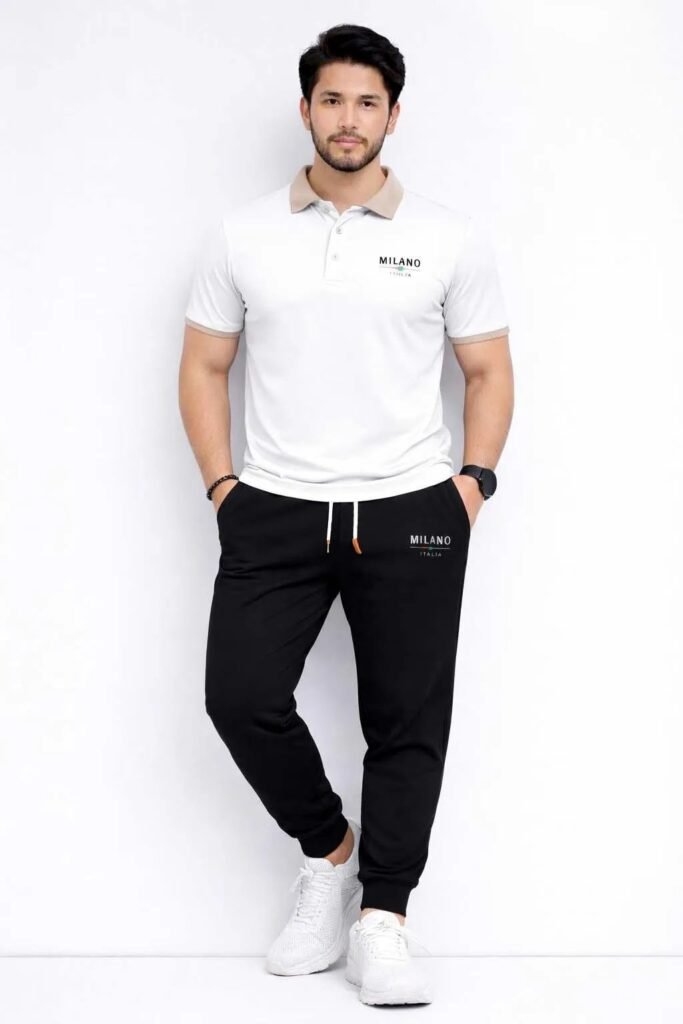 Men’s Printed Tracksuit Set – White & Black Milano Polyester - Clothes for sale in Haveli