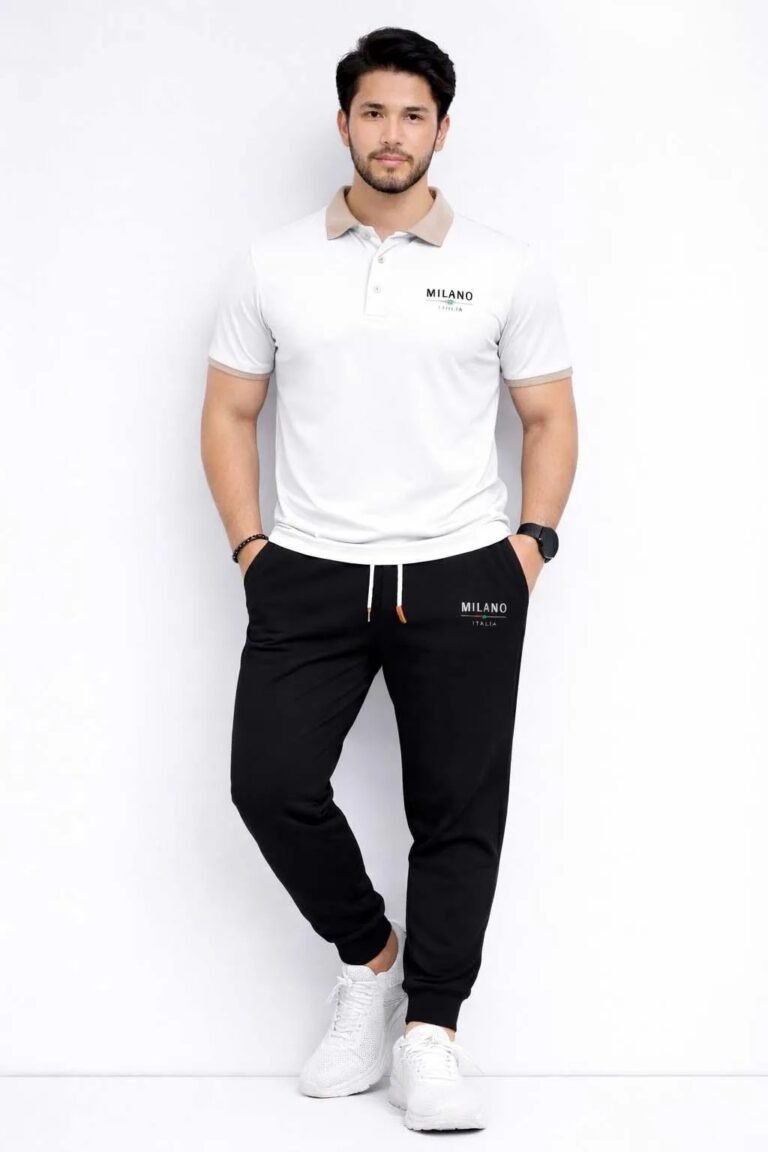 Men’s Printed Tracksuit Set – White & Black Milano Polyester