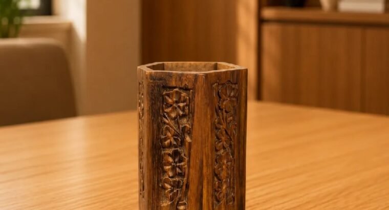 Handmade Wooden Pen Holder – Carved Wooden Pencil Stand for Desk & Off